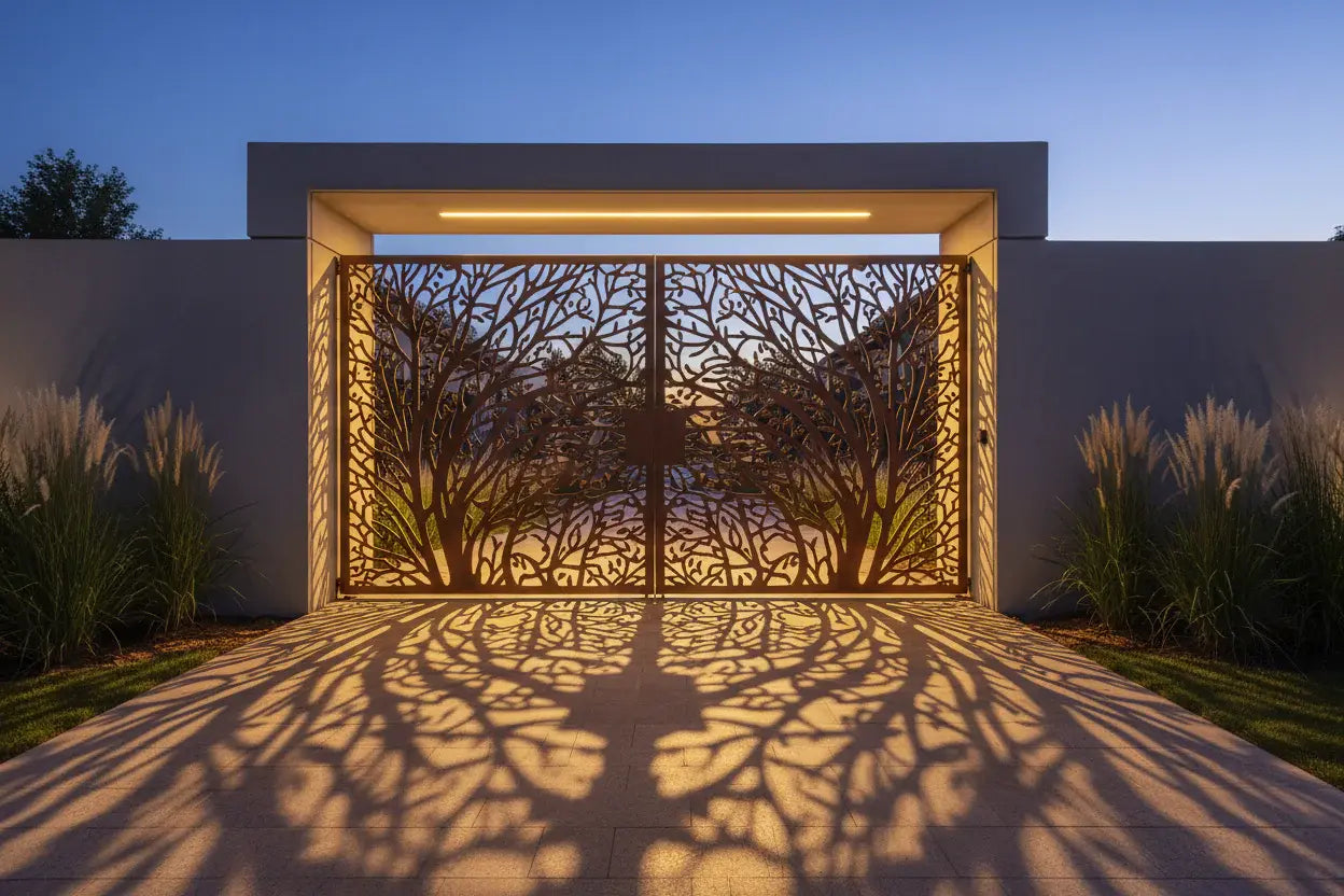 About us banner featuring botanical backlit aluminium gate - XGATE NZ