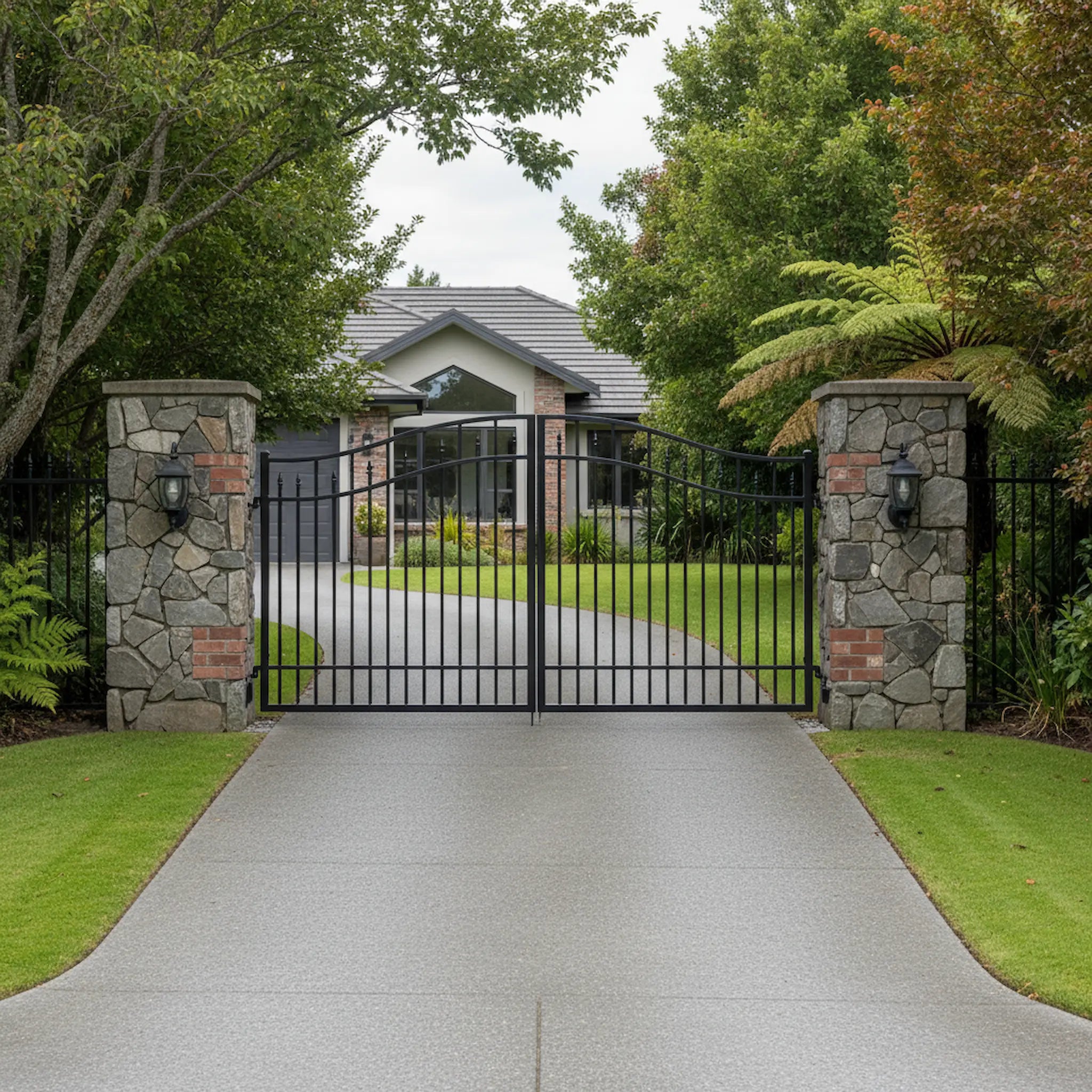 Arch Top Aluminium Double Swing Gates Black XS18B - Installed - XGATE NZ