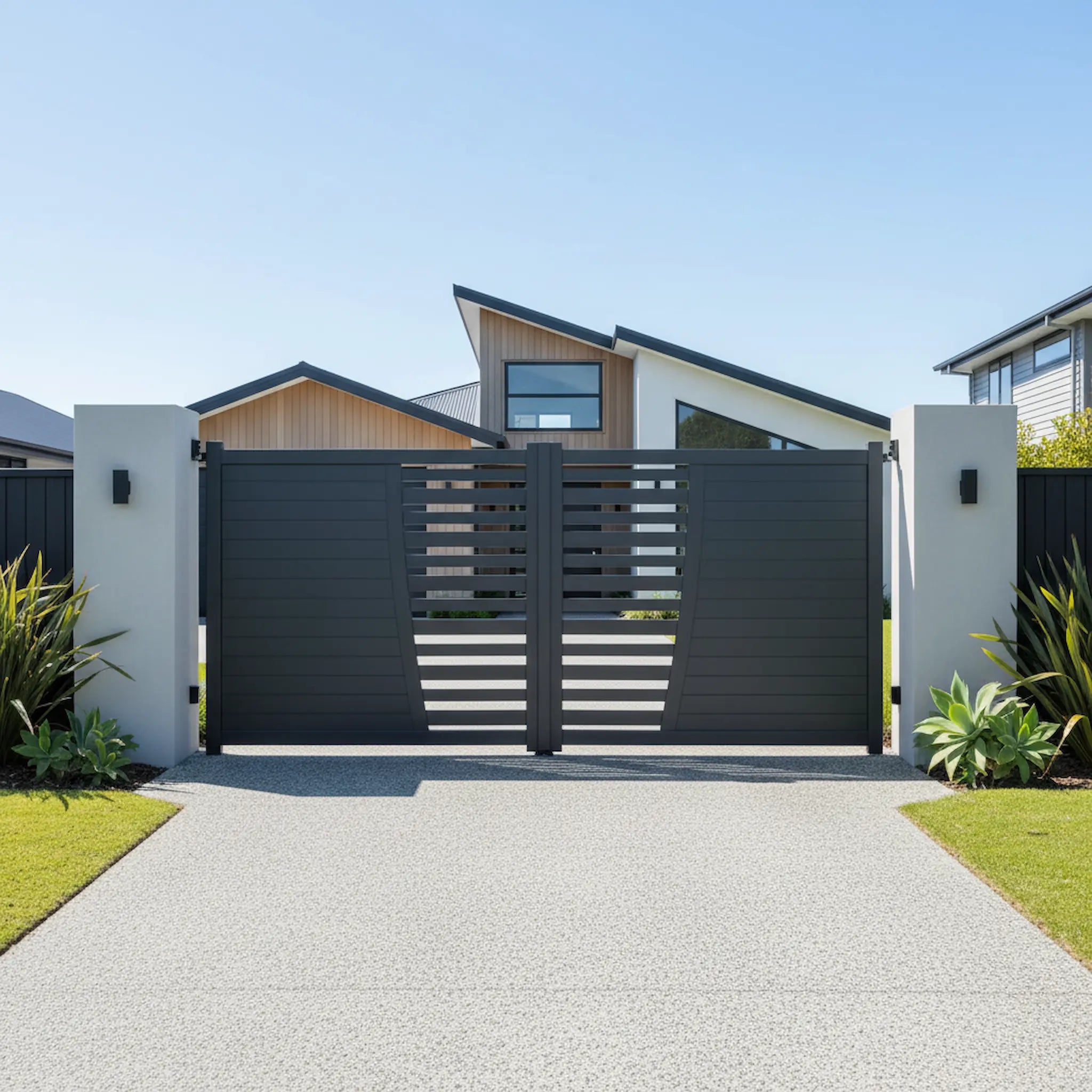 Deco Slat Aluminium Double Swing Gates Black XS17B - Installed in Napier - XGATE NZ