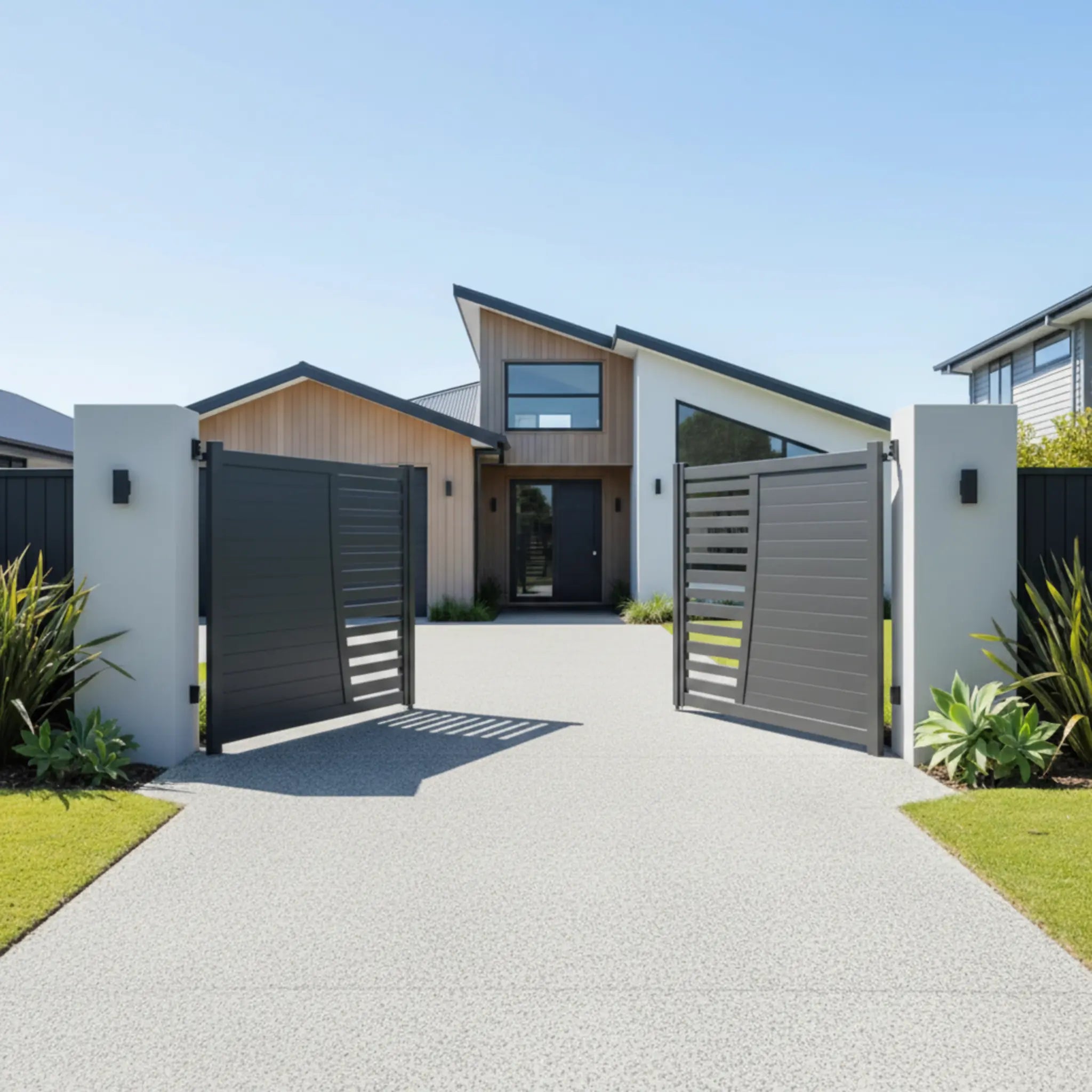 Deco Slat Aluminium Double Swing Gates Black XS17B - Installed - XGATE NZ