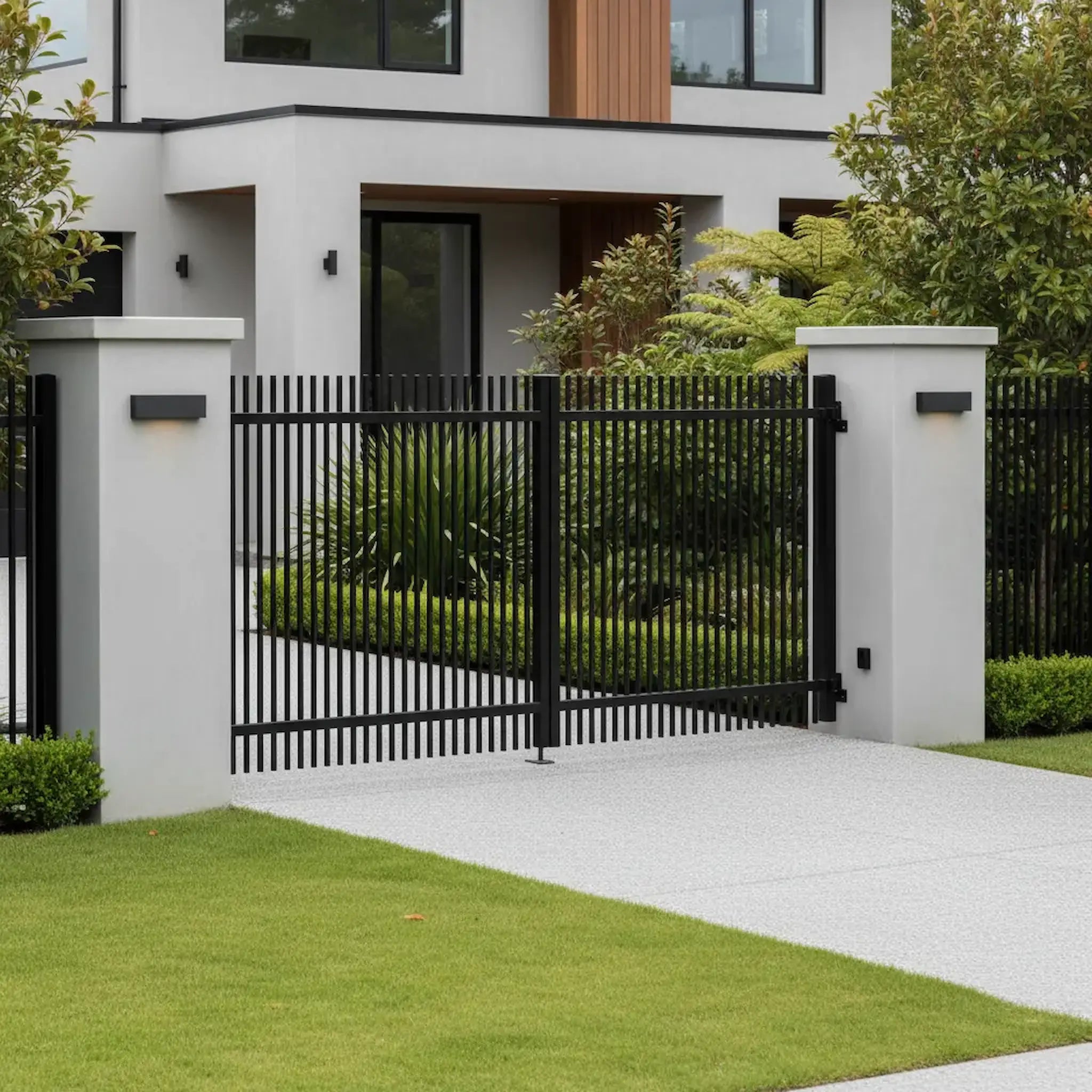 Finn Aluminium Double Swing Gates Black XS02B - Installed Side View - XGATE NZ