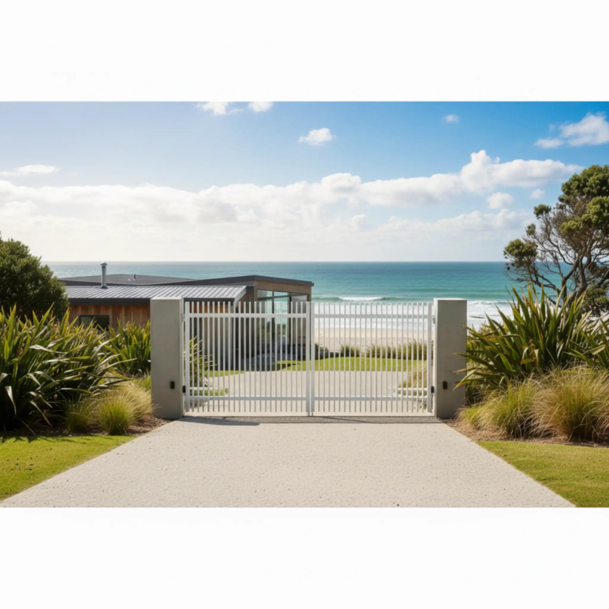 Finn Double Swing Gates Installed at a Seaside Property - XGATE NZ