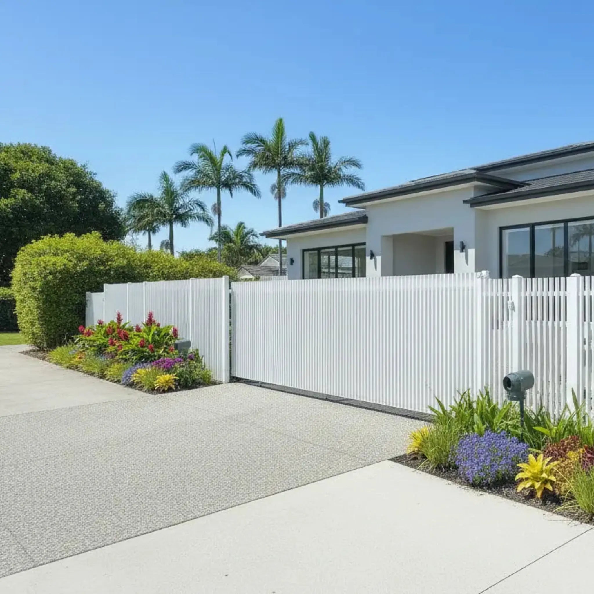 Finn sliding gate in white 1500mm high installed - XGATE NZ
