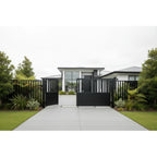 Half open aluminium double swing gates in black, installed opening - XGATE NZ