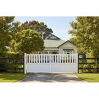 Half open aluminium double swing gates in white, installed at a NZ traditional bungalow - XGATE NZ