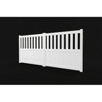 Half open aluminium double swing gates in white, side view - XGATE NZ