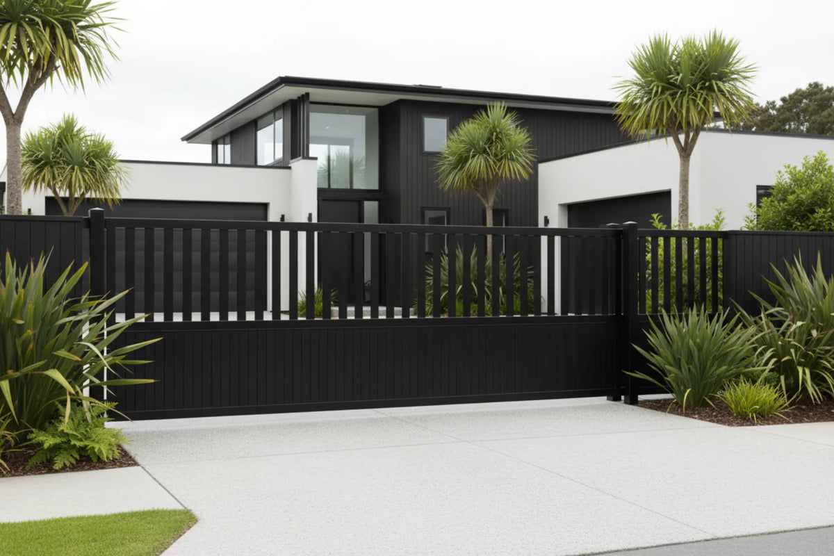 Half open sliding gate in black, installed at 1800mm high - XGATE NZ