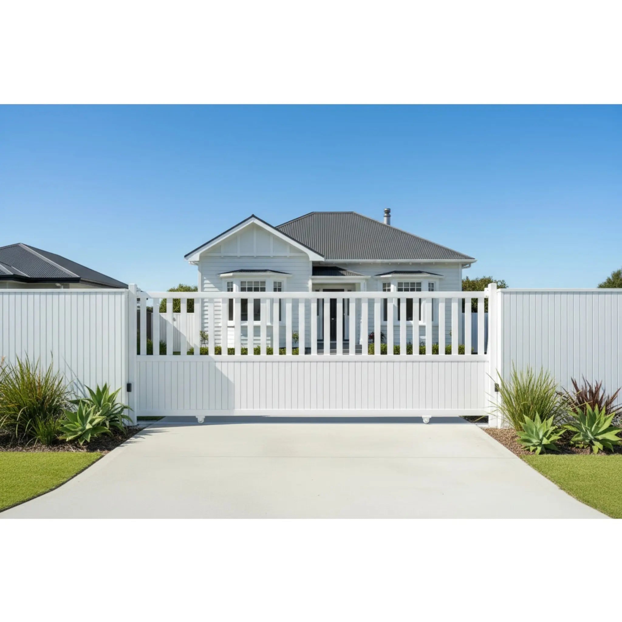 Half open sliding gate in white installed - XGATE NZ