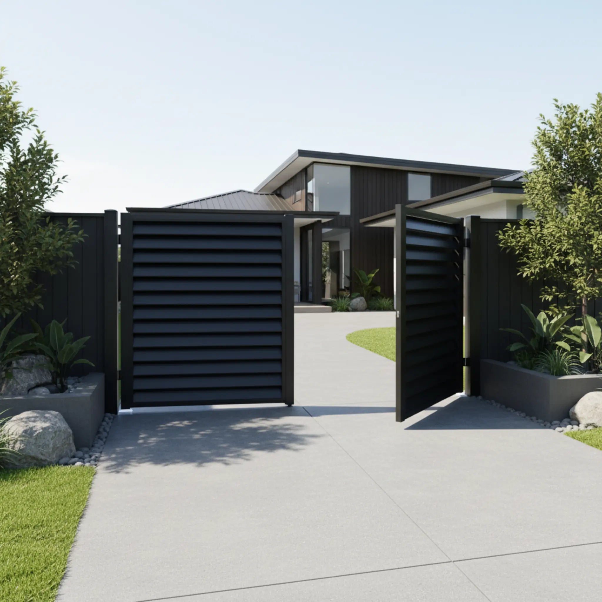 Horizontal Louvre Aluminium Double Swing Gates Black XS03B - Installed - XGATE NZ