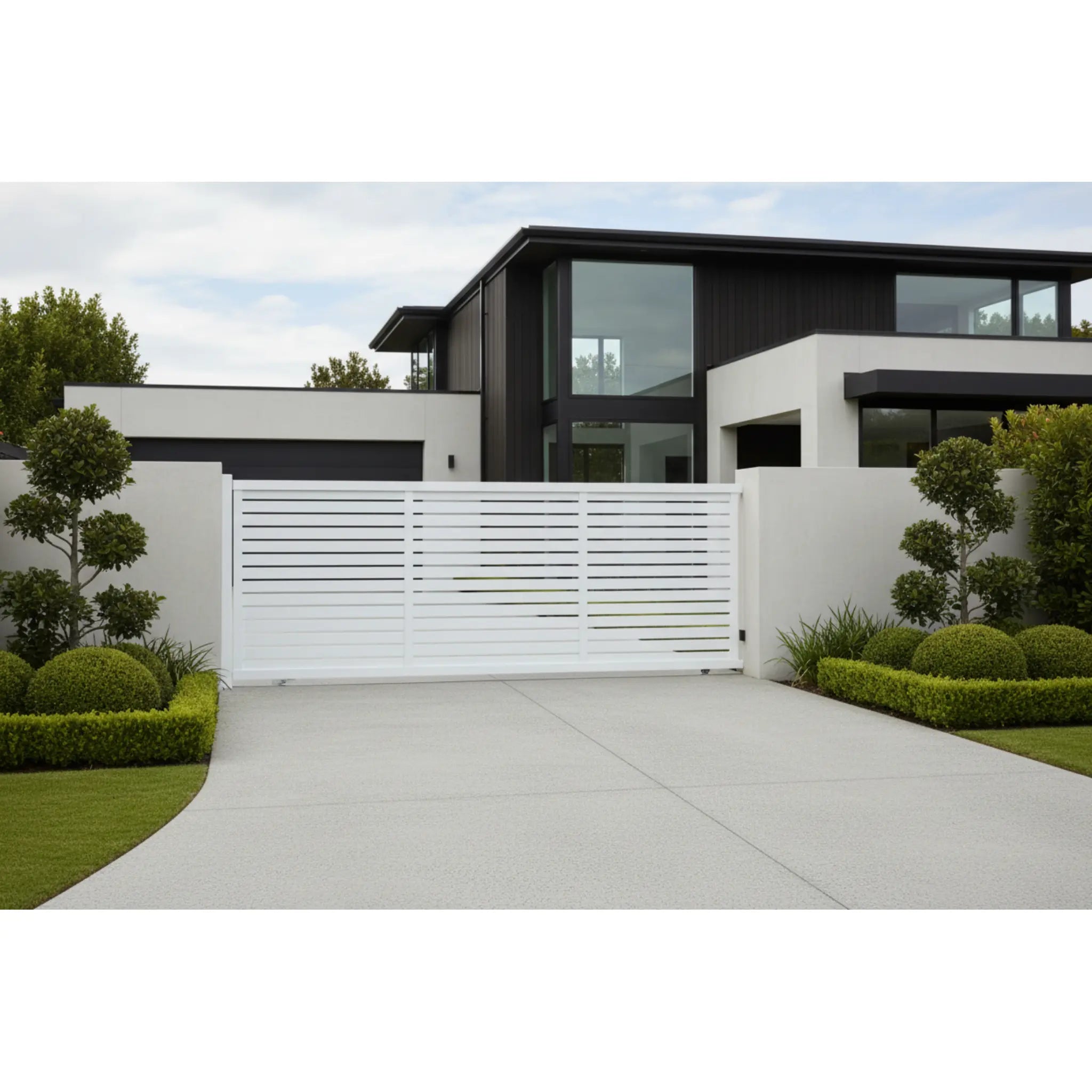 Horizontal louvre-slat sliding gate in white installed at a modern NZ home - XGATE NZ