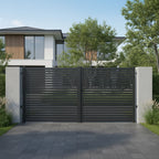 Horizontal slat aluminium double swing gates installed at an Auckland property - XGATE NZ