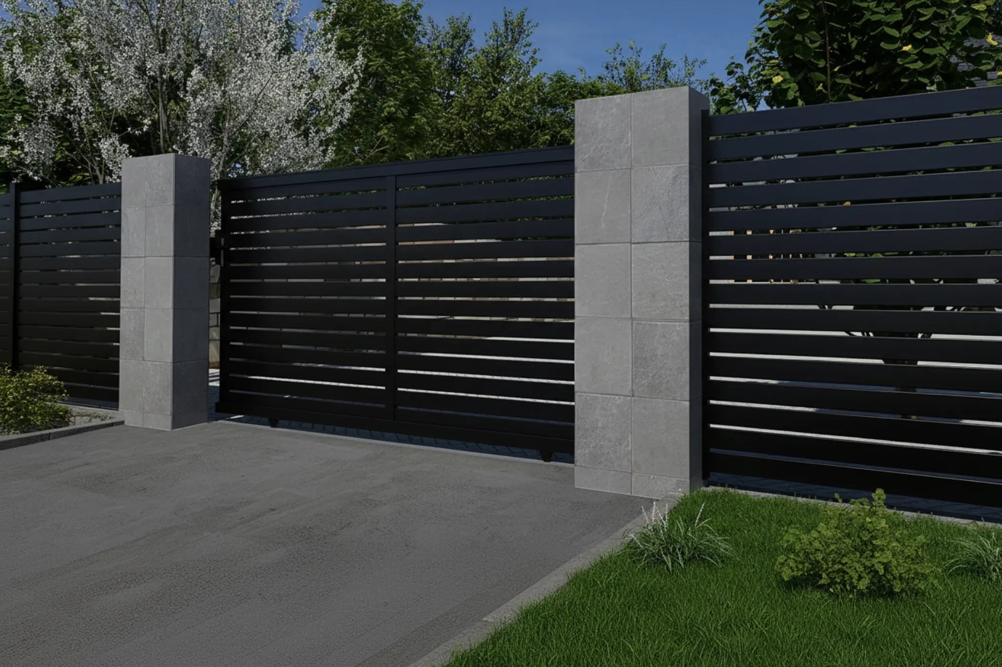 Horizontal Slat Sliding Gate 3370mm in Black Installed - XGATE NZ