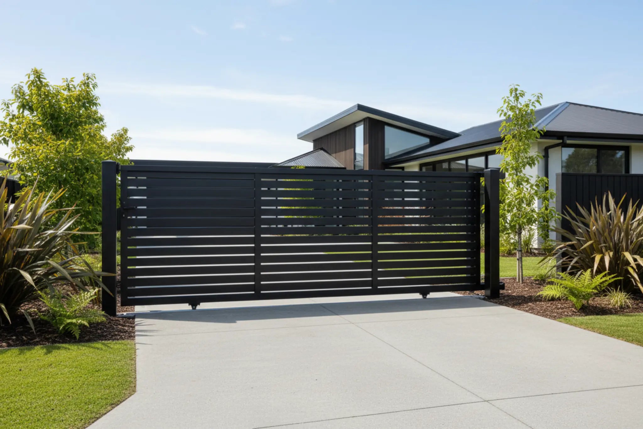 Horizontal slat sliding gate 5015mm in black installed - XGATE NZ