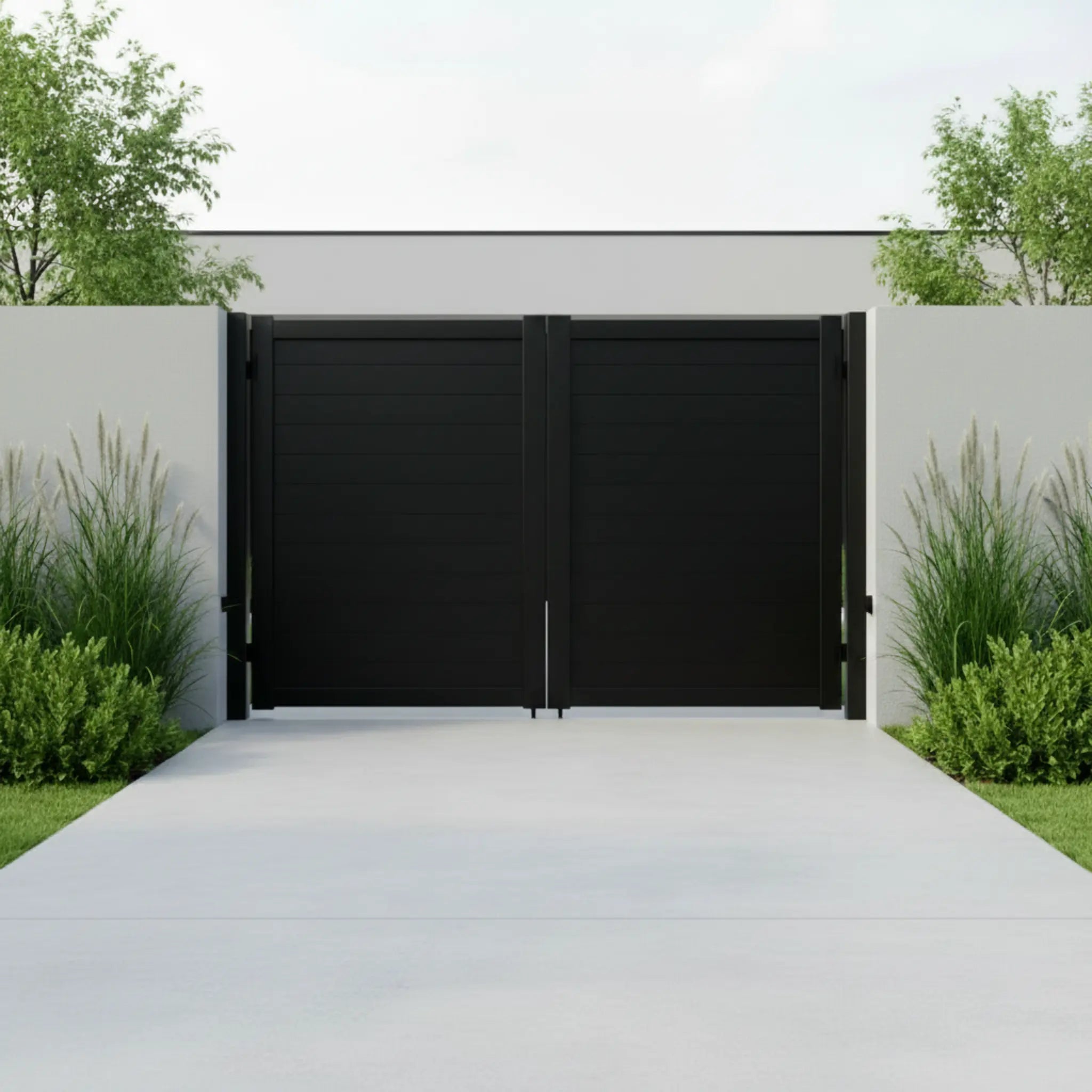 Horizontal Tongue and Groove Aluminium Double Swing Gates Black XS05B - Installed - XGATE NZ