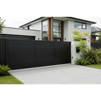 Horizontal tongue and groove sliding gate in black 5915mm installed - XGATE NZ