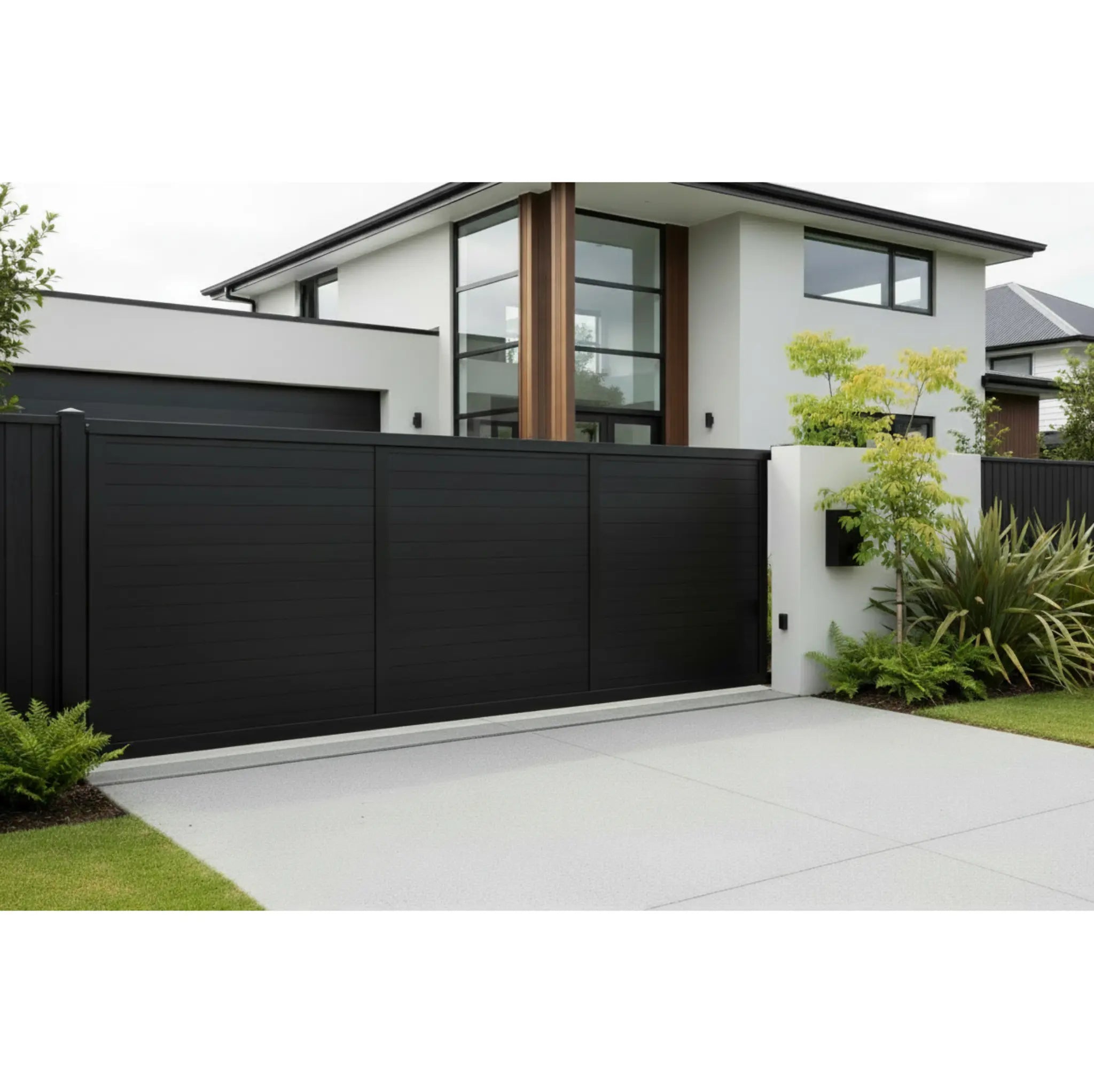 Horizontal tongue and groove sliding gate in black 5915mm installed - XGATE NZ