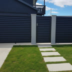 Louvre Aluminium Sliding Gate Installed with Matching Fence and Pedestrian Gate in Black - XGATE NZ