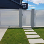 Louvre aluminium sliding gate installed with matching fence and pedestrian gate in white - XGATE NZ