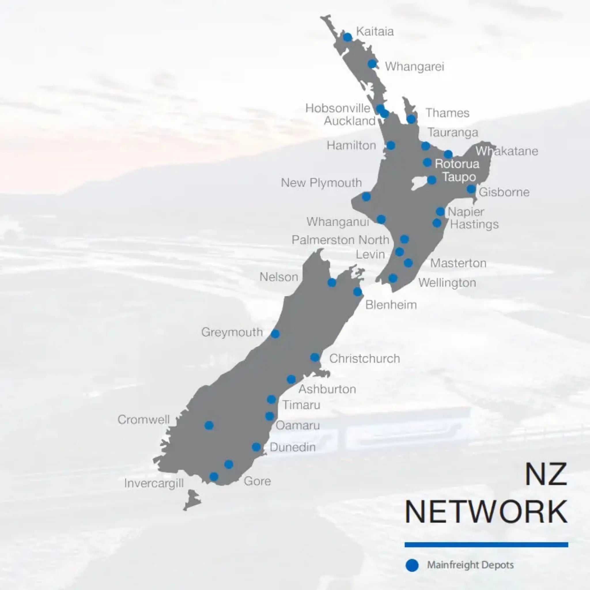 Map of New Zealand with Mainfreight depots marked - XGATE NZ