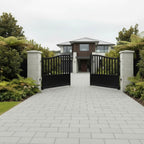 Semi-Closed Arch Aluminium Double Swing Gates Black XS19B - Installed Open - XGATE NZ