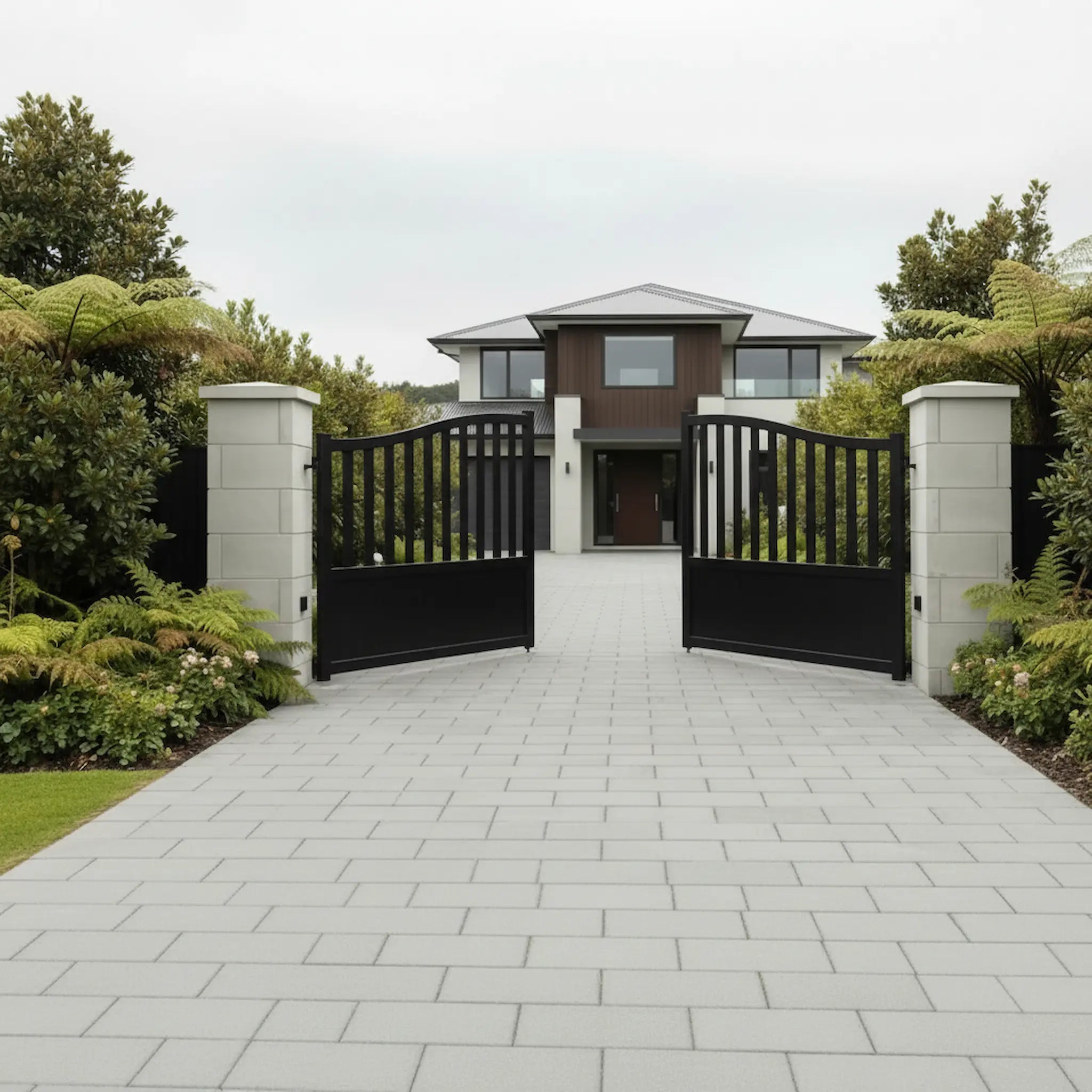 Semi-Closed Arch Aluminium Double Swing Gates Black XS19B - Installed Open - XGATE NZ