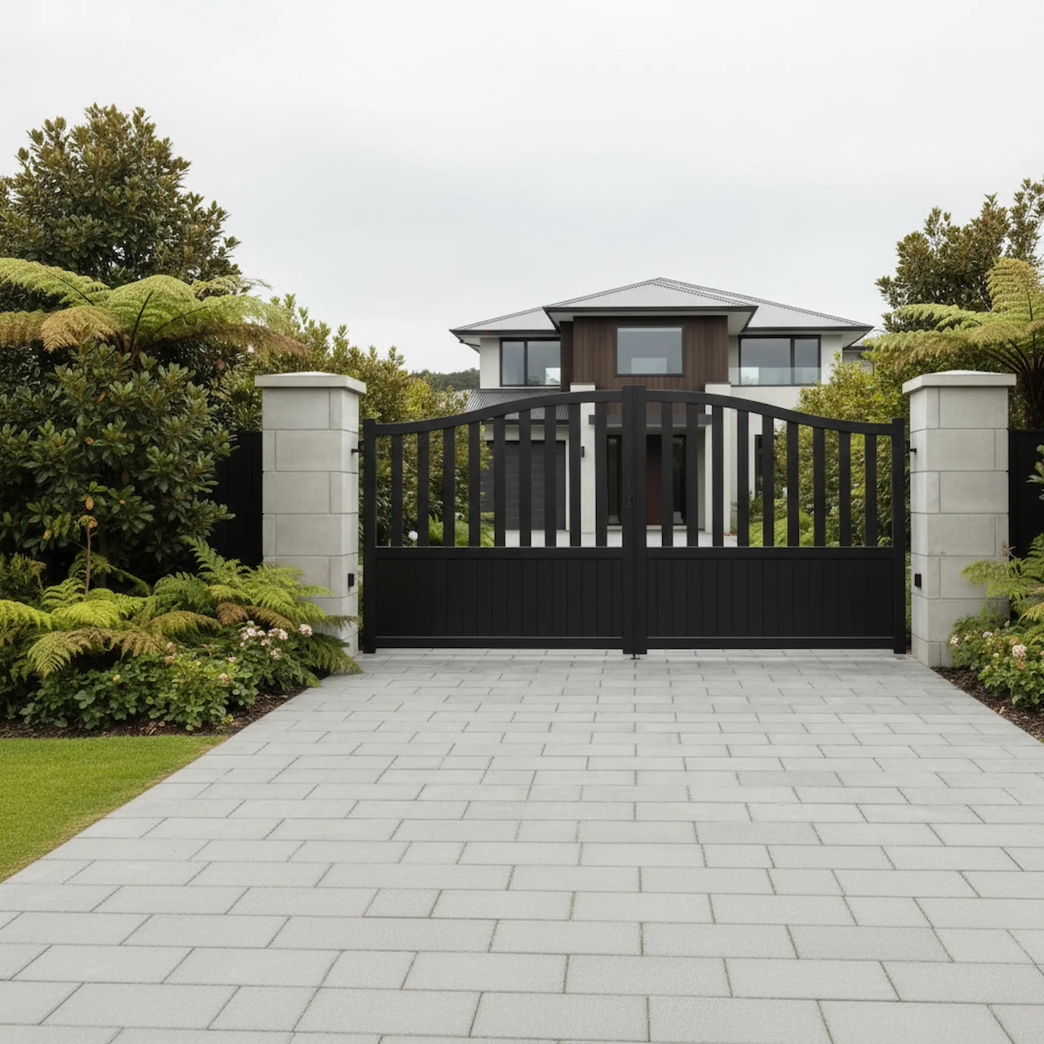 Semi-Closed Arch Aluminium Double Swing Gates Black XS19B - Installed - XGATE NZ