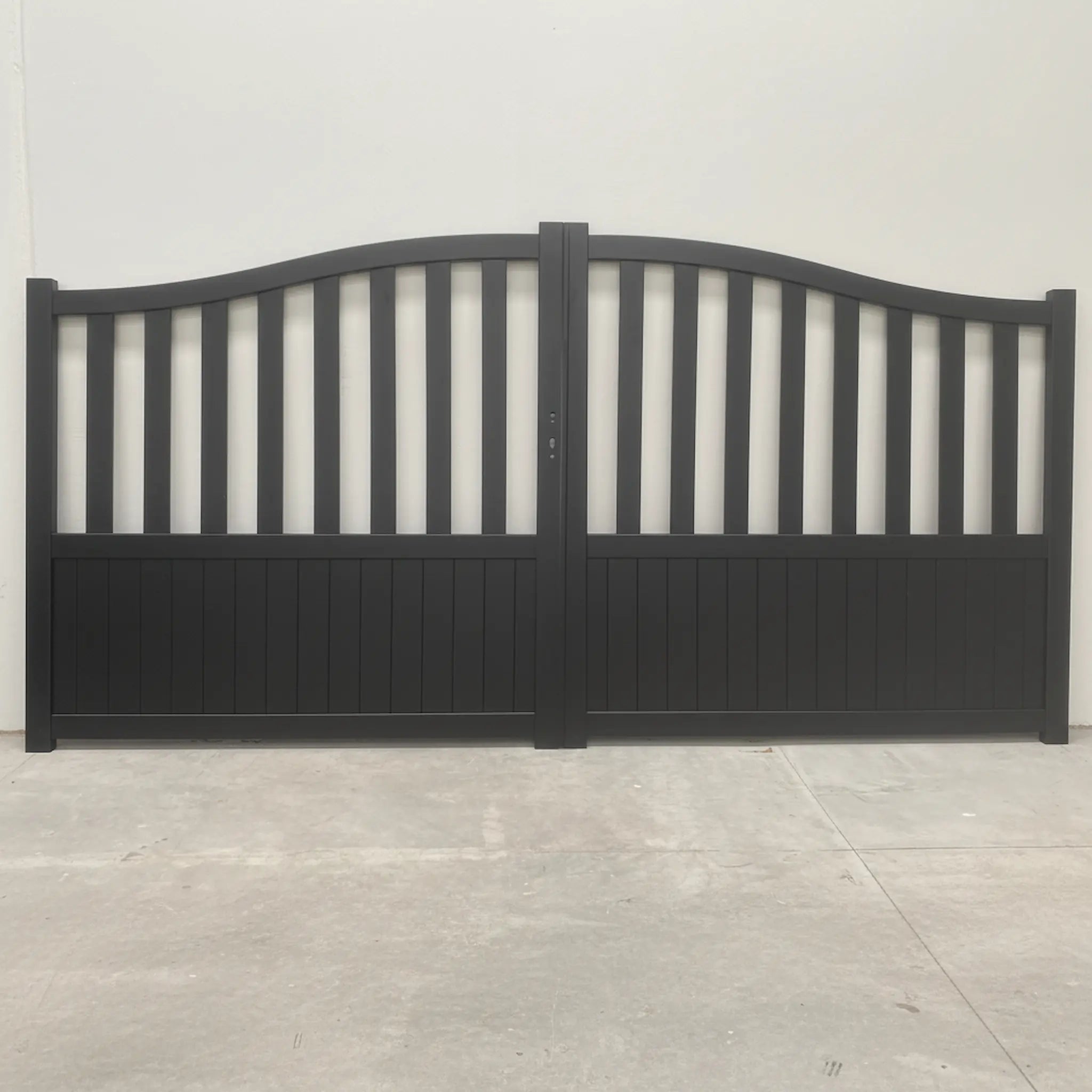 Semi-Closed Arch Aluminium Double Swing Gates Black XS19B - On Display - XGATE NZ