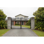 Spear top aluminium double swing gates in black, installed at a South Auckland property - XGATE NZ