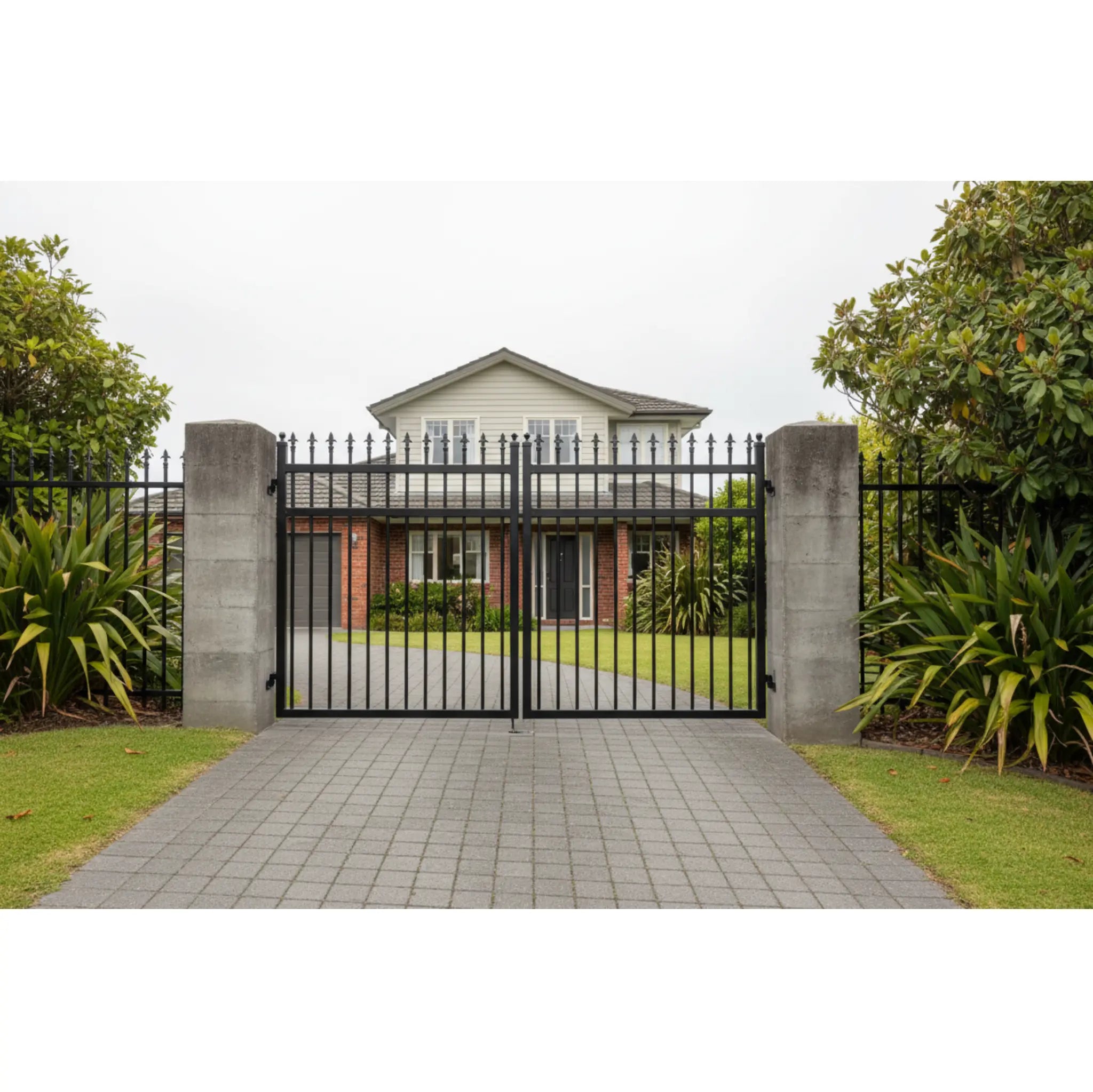 Spear top aluminium double swing gates in black, installed at a South Auckland property - XGATE NZ