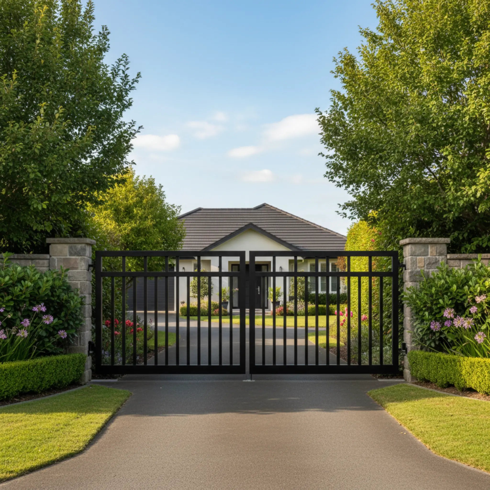 Straight Top Aluminium Double Swing Gates Black XS01B - Installed - XGATE NZ