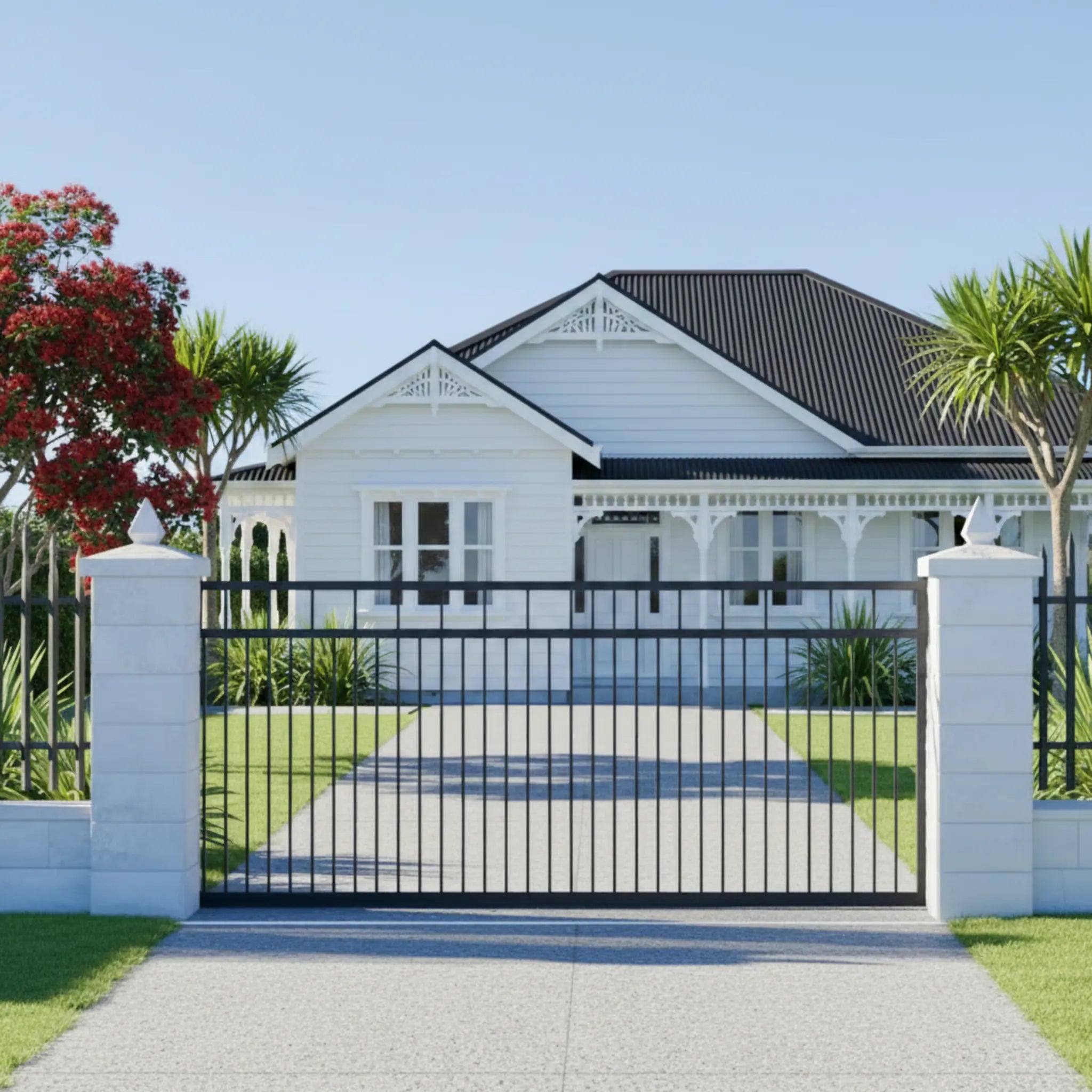 Straight top sliding gate in black 1200mm high installed - XGATE NZ