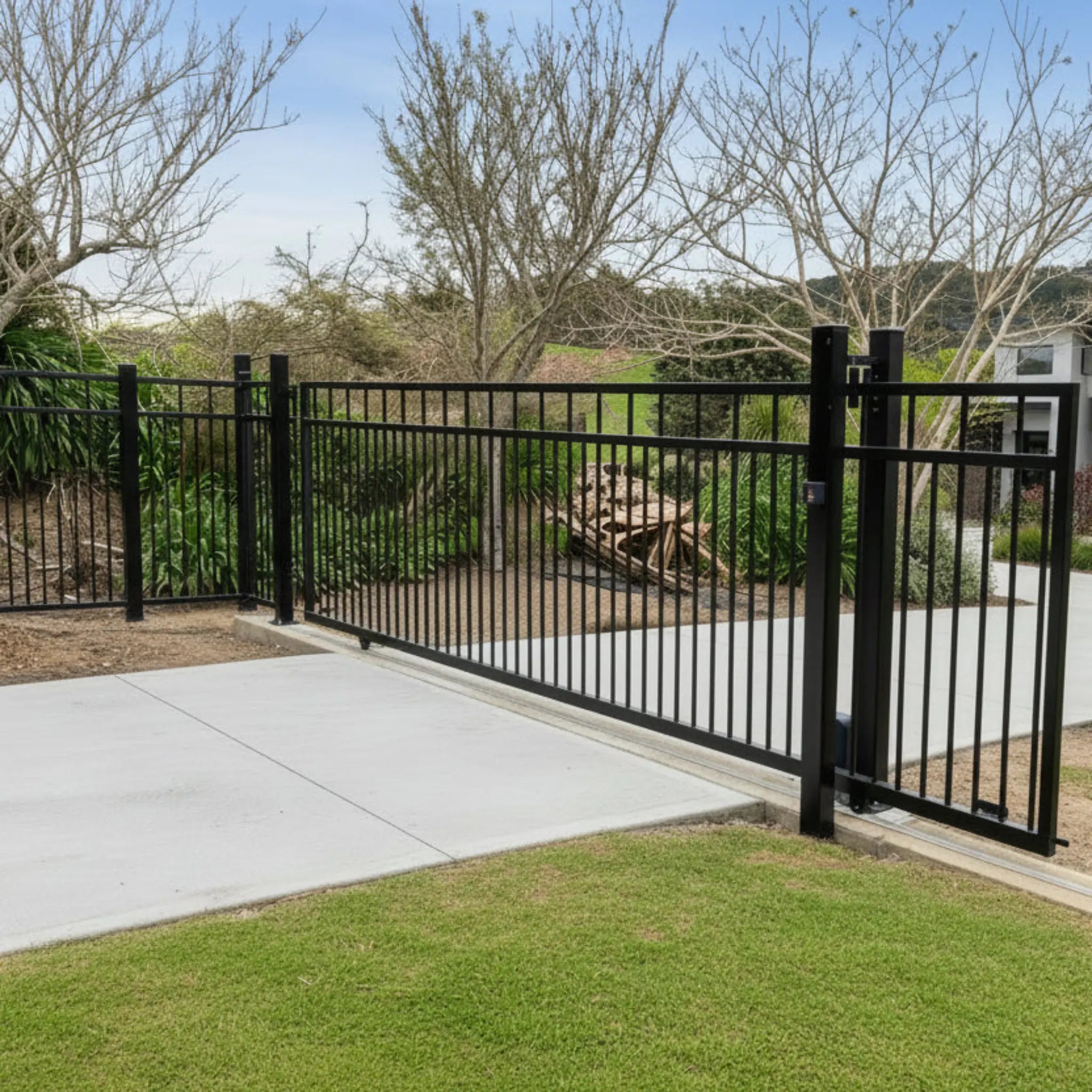 Straight top sliding gate in black 1800mm high installed - XGATE NZ