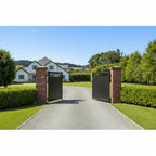 Top window aluminium double swing gates in black, installed at a New Zealand countryside property in open position - XGATE NZ