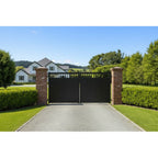 Top window aluminium double swing gates in black, installed at a New Zealand countryside property - XGATE NZ