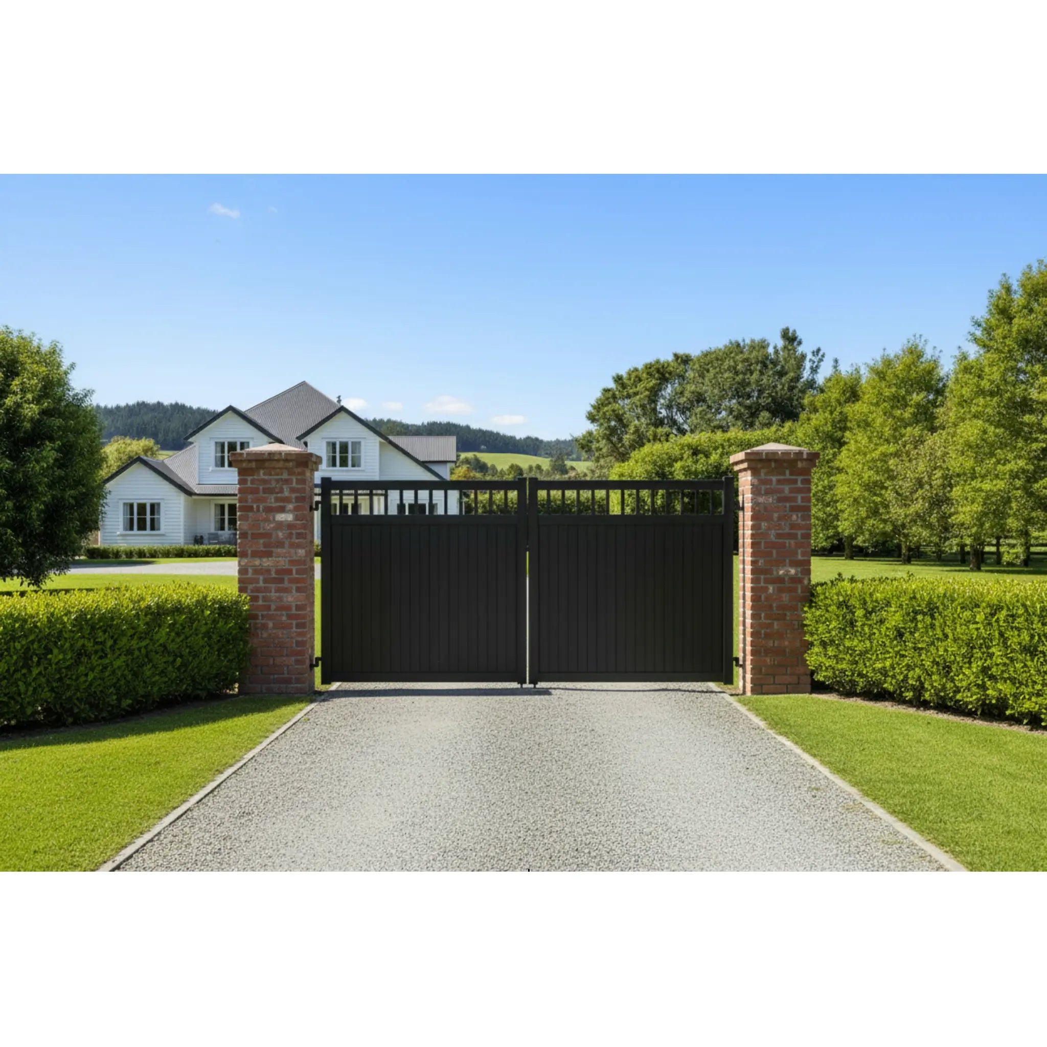 Top window aluminium double swing gates in black, installed at a New Zealand countryside property - XGATE NZ