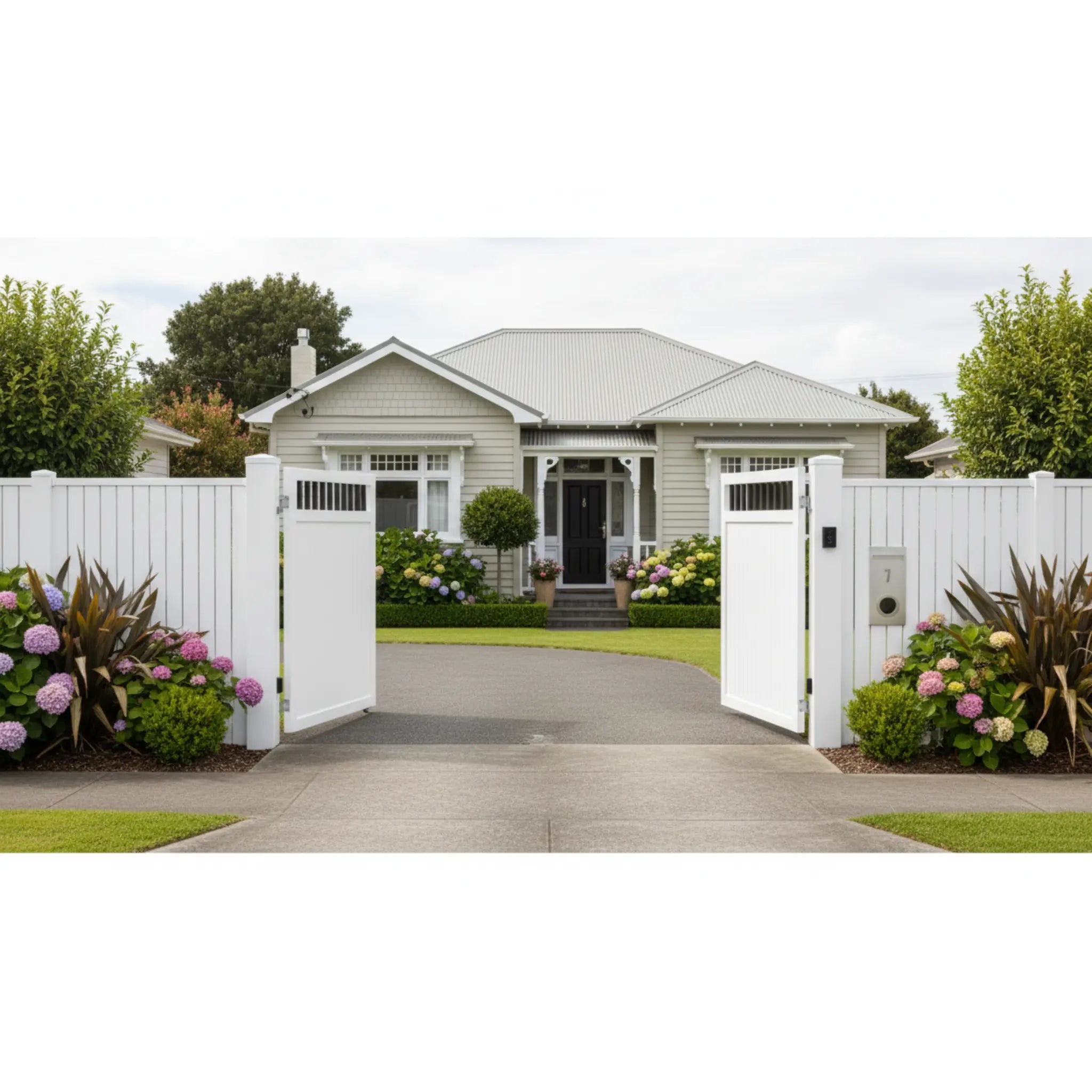Top window aluminium double swing gates in white, installed at a NZ bungalow - XGATE NZ