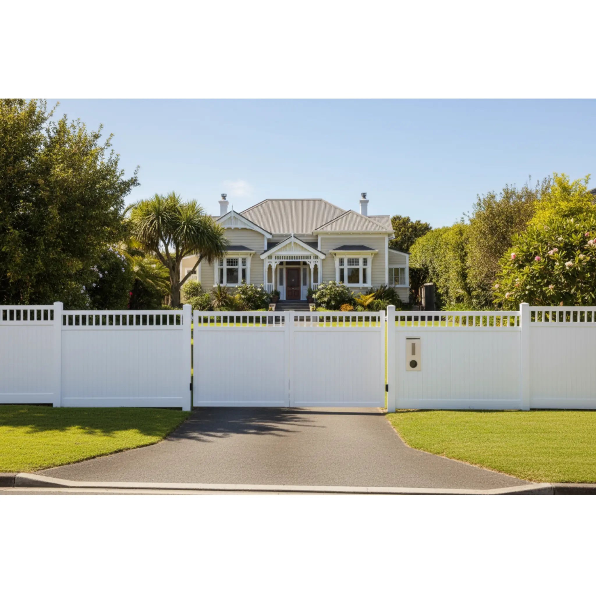 Top window aluminium double swing gates in white, installed with matching fences at a grand NZ home - XGATE NZ