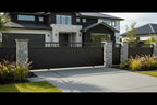 Top window sliding gate in black installed with matching pedestrian gate and fences - XGATE NZ