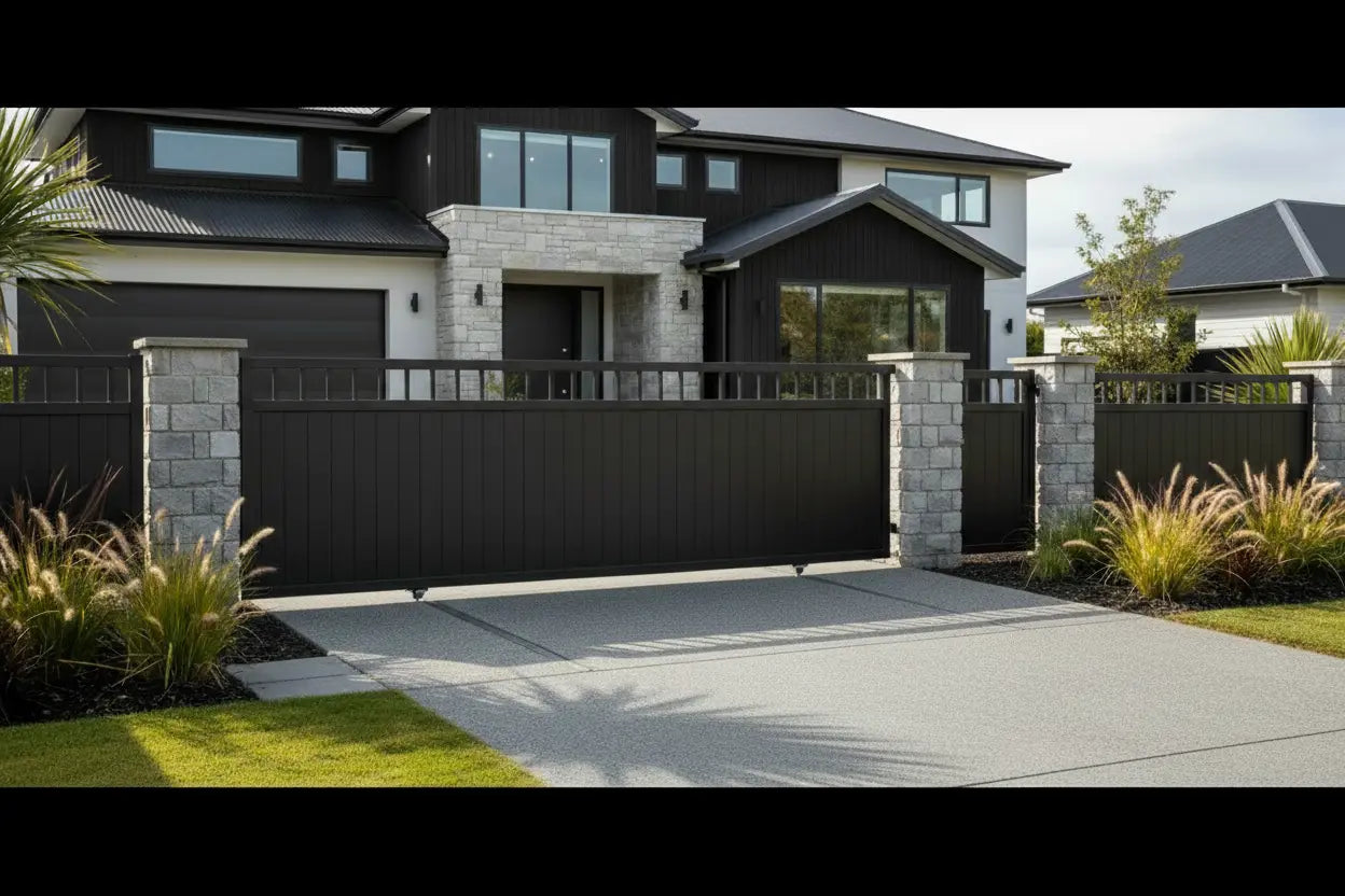 Top window sliding gate in black installed with matching pedestrian gate and fences - XGATE NZ