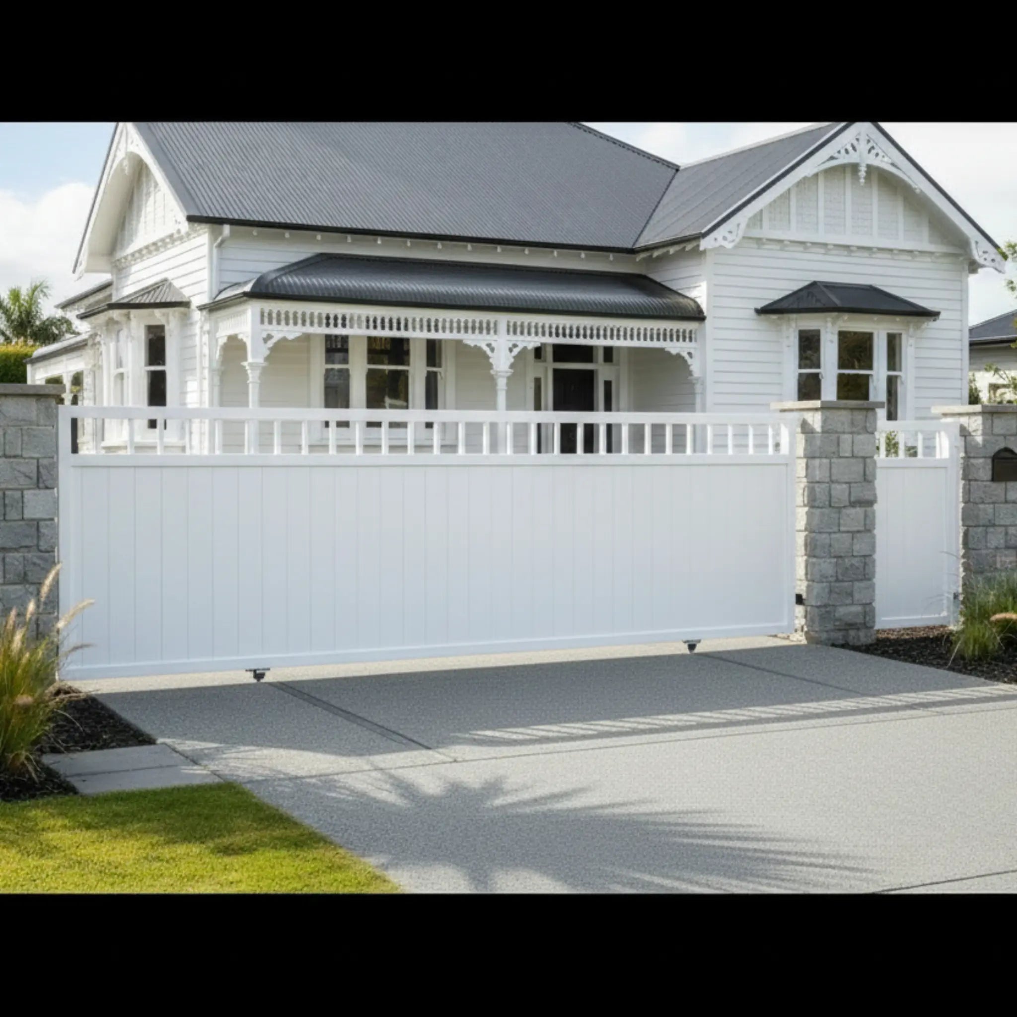Top window sliding gate in white installed at a NZ villa - XGATE NZ