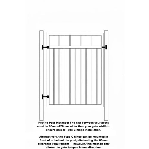 Type C hinge installation diagram on pedestrian gate - XGATE NZ