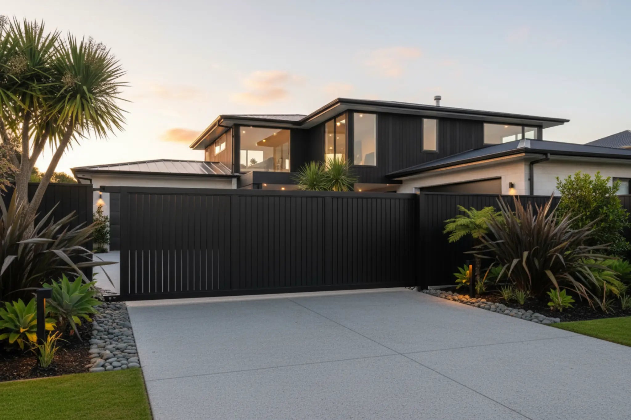 Vertical louvre sliding gate in black 5015mm installed - XGATE NZ