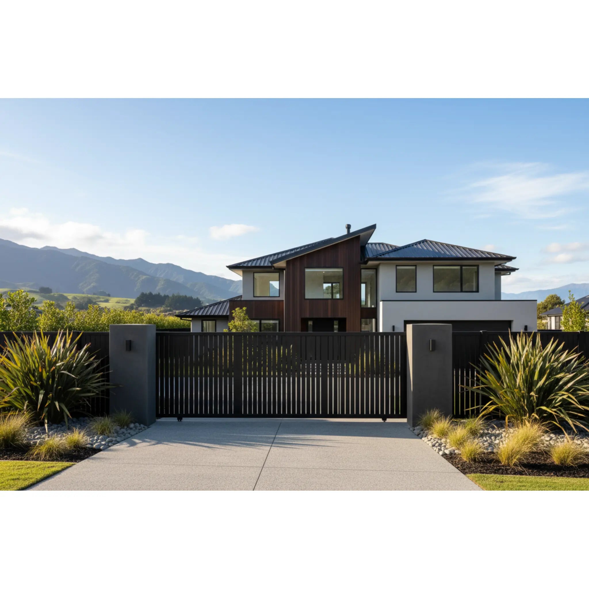 Vertical slat sliding gate in black installed at a designer property - XGATE NZ