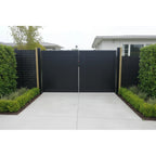 Vertical Tongue and Groove Aluminium Double Swing Gates in Black Installed at an Auckland Property - XGATE NZ