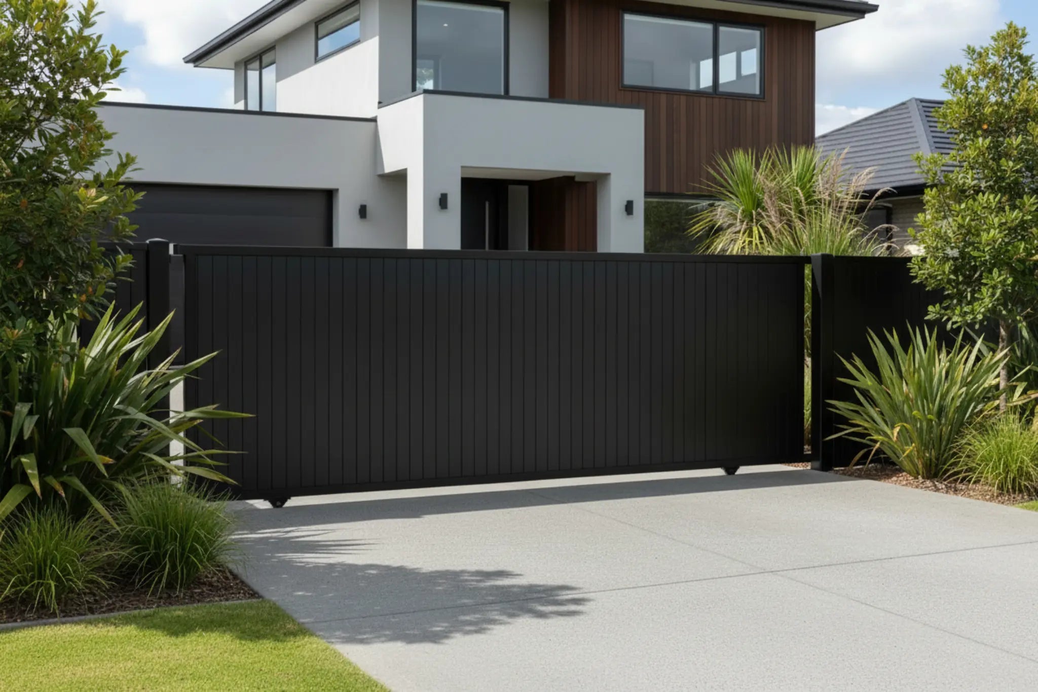 Vertical tongue and groove sliding gate in black installed - XGATE NZ