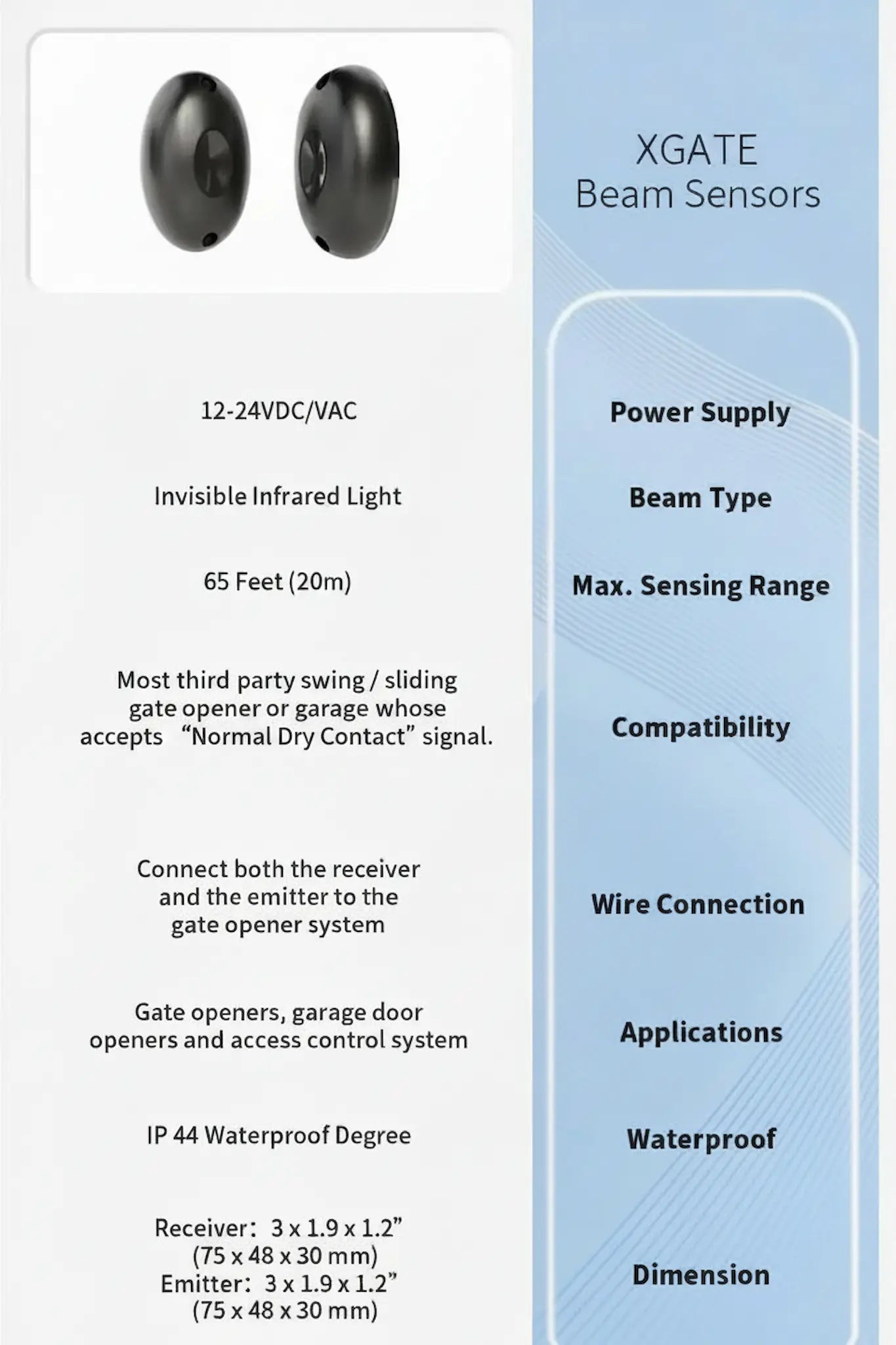 XGATE Wired Infrared Photocell Sensors Specifications - XGATE NZ